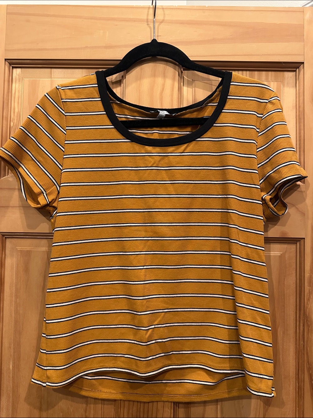 Charlotte Russe Mustard Striped Short-Sleeve Tee with Black Trim